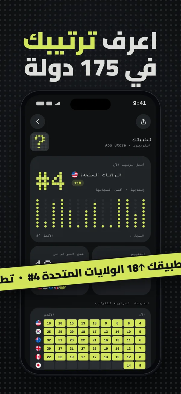 تطبيق في المركز #4 في الولايات المتحدة، مع ترتيبه في 18 دولة