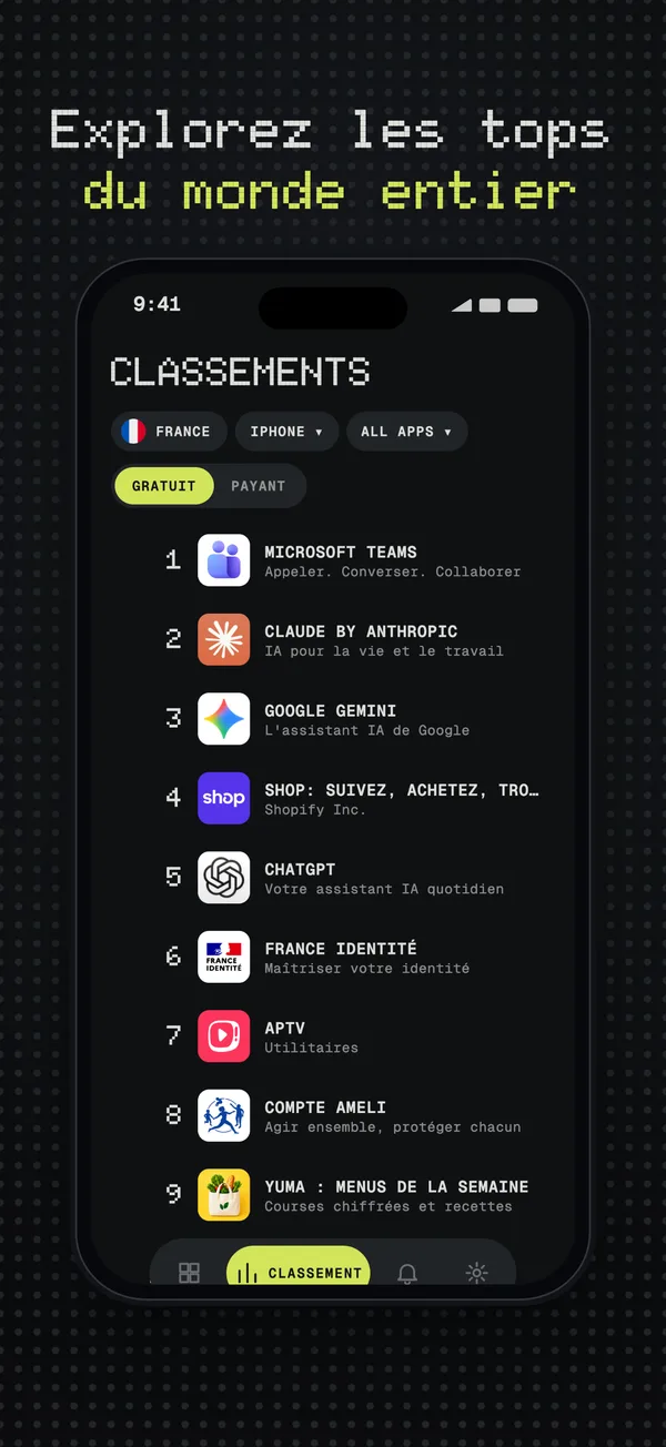 Top gratuit des apps iPhone dans le classement d’un pays