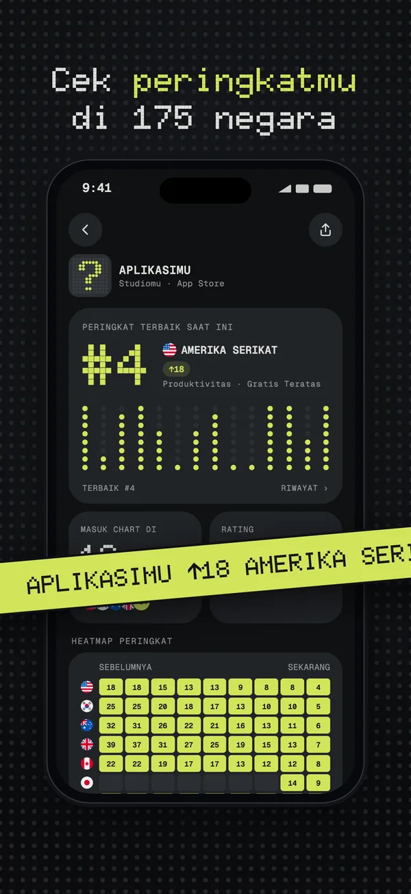 Sebuah aplikasi di peringkat #4 di Amerika Serikat, dengan peringkat di 18 negara